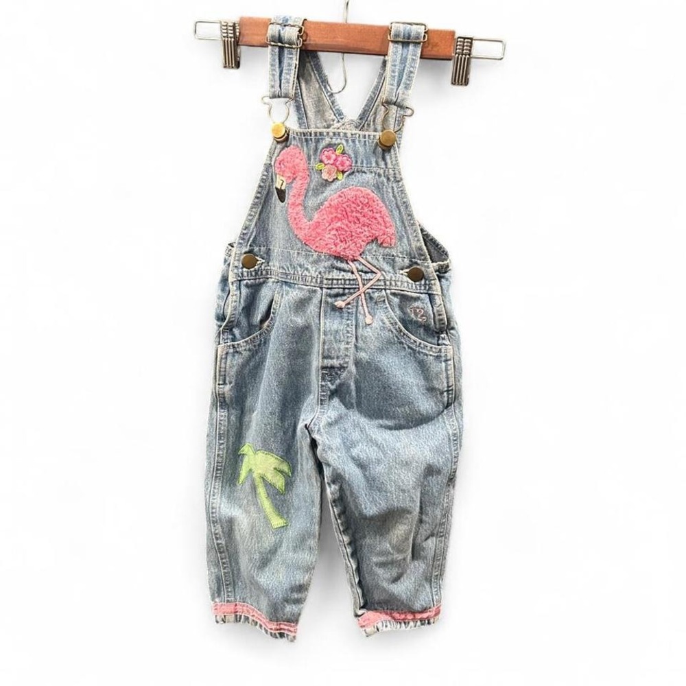 90s denim overalls with pink flamingo and‎ palm tree embellishments by Marsha 2T